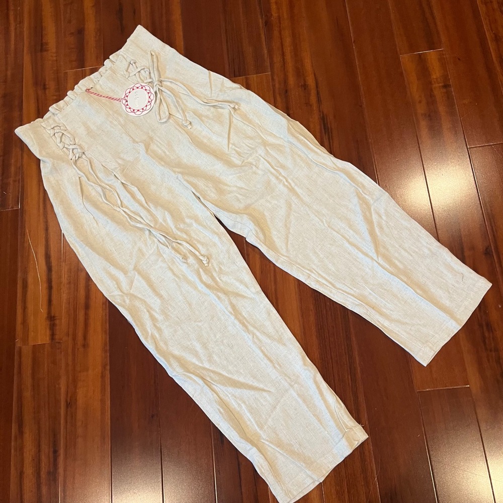 Umgee Linen Pants Wide Leg Paperbag Tie Lace Up Elastic Beige Oatmeal New Large